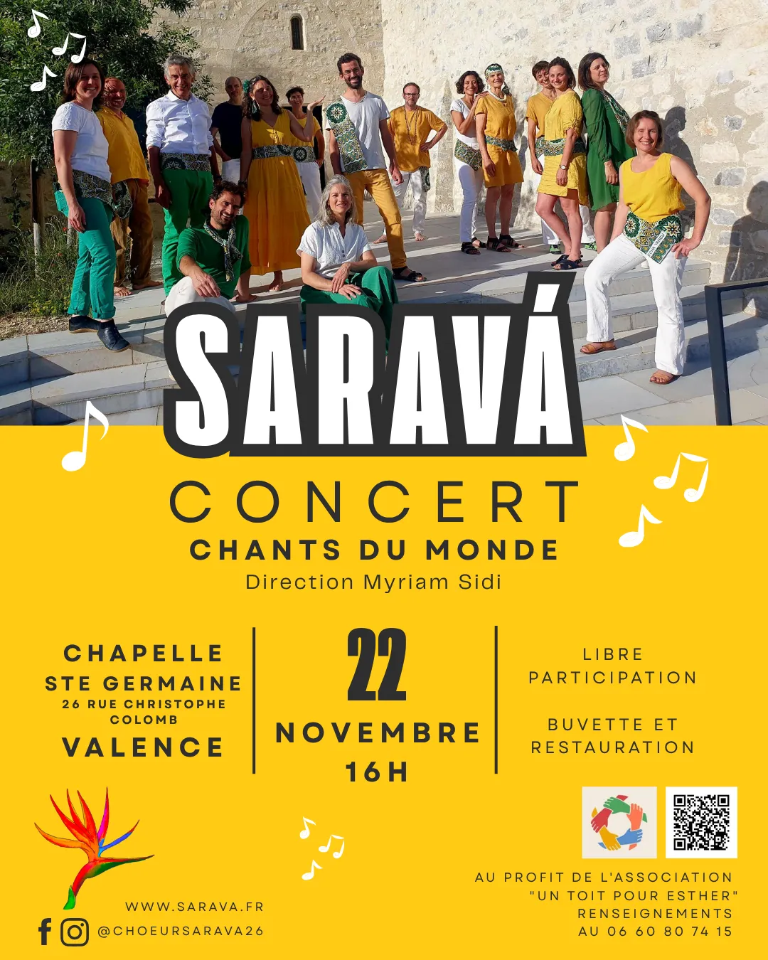 affiche du concert de sarava le 22 novembre 2026 à la Chapelle ste germaine de Valence. Début à 16h. Participation libre?